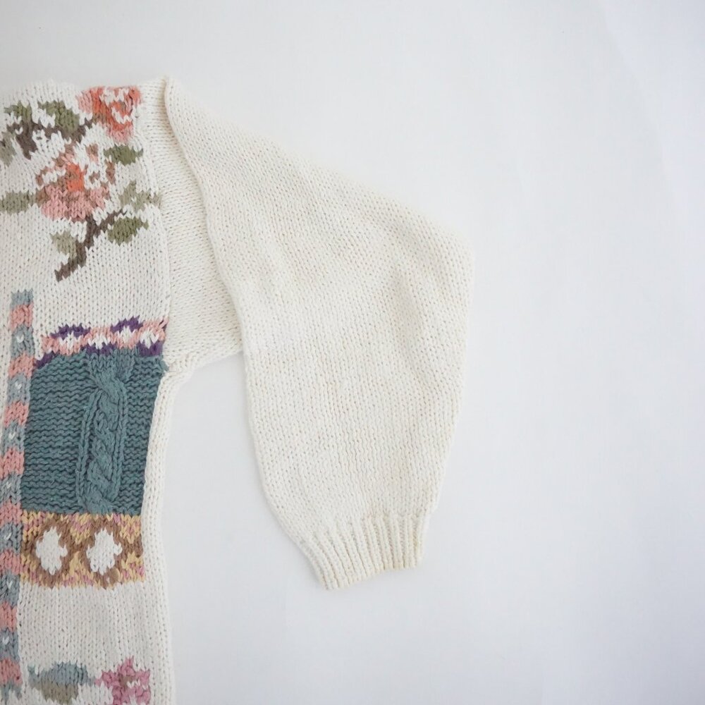Vintage Heirloom Collectibles Floral Patchwork Cottage Knit Sweater Ivory Pink L - Picture 4 of 12